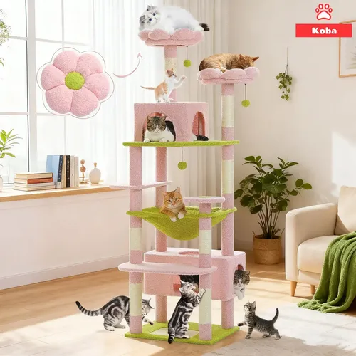 Torre Rascador Para Gatos Casa De Michis Floral Enorme 183cm Color Rosa Con Verde Marca Koba